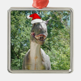 Dinosaur wearing a Santa Claus Hat for Christmas Metal Ornament