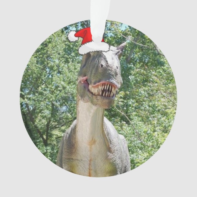Dinosaur wearing a Santa Claus Hat for Christmas Ornament (Front)