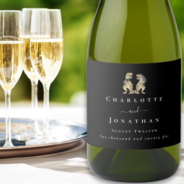 Dinosaur Wedding Black & White Custom Sparkling Wine Label (Dinosaur themed wedding T-Rex bride and groom custom black & white wine labels Modern elegant script)