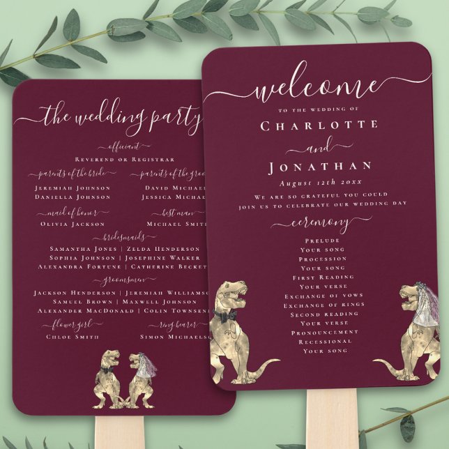 Dinosaur Wedding Ceremony Burgundy Wine Cream Hand Fan (T-Rex bride and groom dinosaur burgundy wine cream wedding ceremony program fans Elegant script)