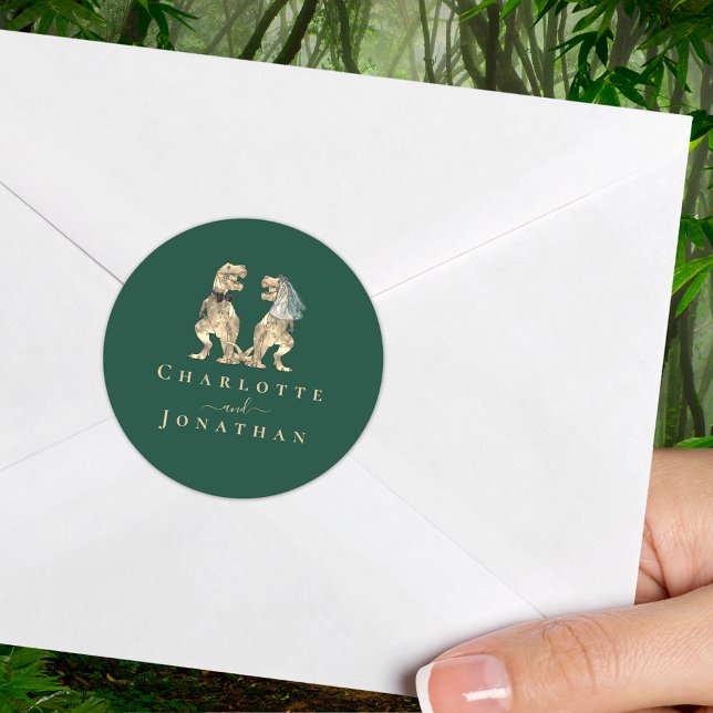 Dinosaur Wedding Custom Classic Round Sticker (T-Rex dinosaur wedding dark green custom sticker Dino bride and groom elegant modern typography )