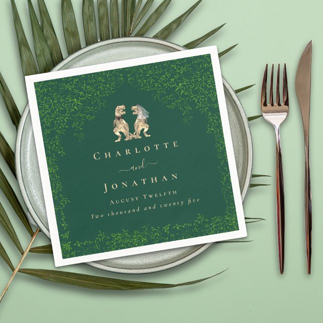 Dinosaur Wedding Dark Green Napkin (dinosaur bride and groom wedding Jurassic eucalyptus foliage custom napkins)