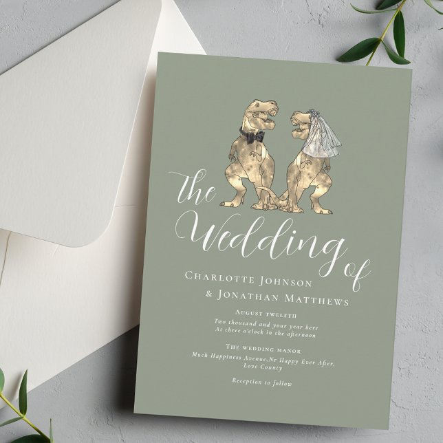 Dinosaur Wedding Elegant Sage Green Invitation (Dinosaur theme sage green wedding  invitation T-Rex dino bride and groom elegant script )