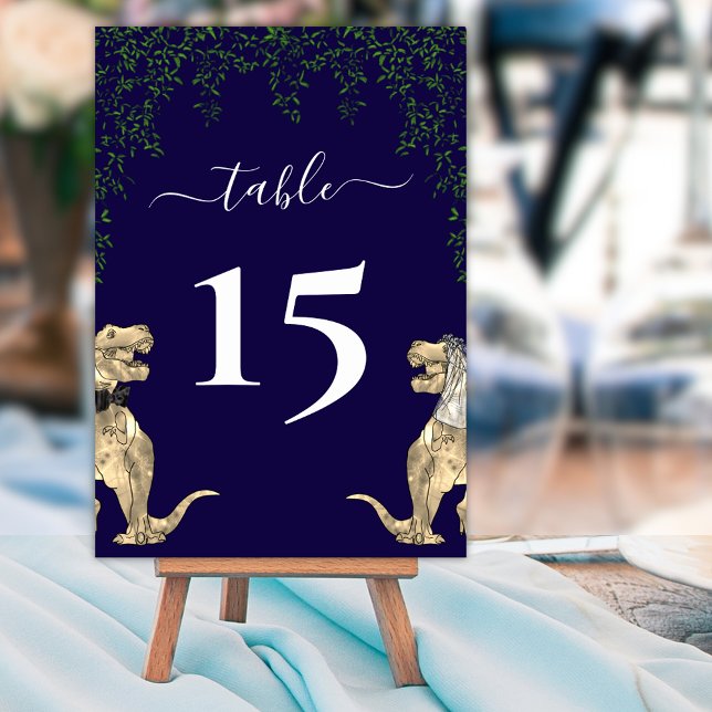 Dinosaur Wedding Foliage Navy Blue & White Table Number (Dinosaur wedding navy blue and white custom table number card Elegant modern script T-Rex dino )