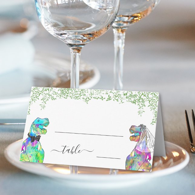 Dinosaur Wedding Guest Name Place Card (Funny Dinosaur bride and groom wedding name place cards watercolor foliage elegant script)