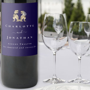 Dinosaur Wedding Navy Blue & White Personalised  Wine Label