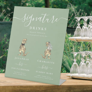 Dinosaur Wedding Sage Green Signature Drinks Bar Pedestal Sign