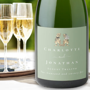Dinosaur Wedding Sage Green & White Personalized Sparkling Wine Label
