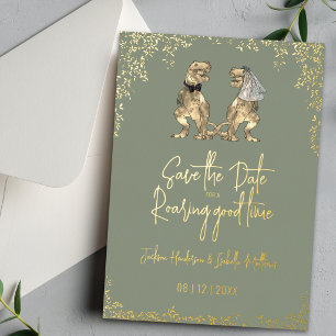 Dinosaur Wedding Save the Date Sage Green Gold