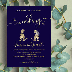 Dinosaur wedding T-Rex Bride and Groom Blue Gold