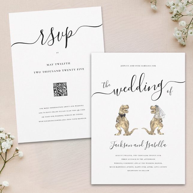 Dinosaur Wedding T-Rex Bride and Groom Invitation (Elegant script Dinosaur theme wedding invitation with wedding RSVP website qr code minimalist design)