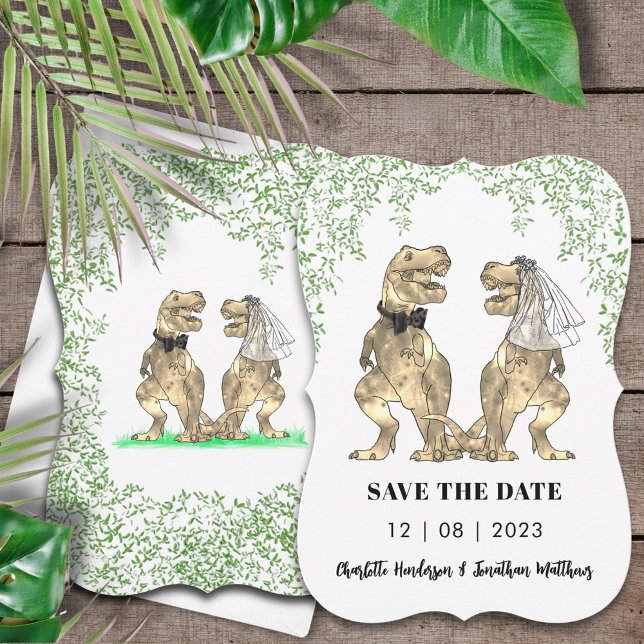 Dinosaur Wedding T-Rex Bride and Groom Save The Date (Dinosaur wedding save the date invitation with T-Rex bride & groom Jurassic jungle foliage )