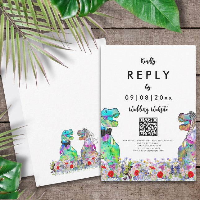 Dinosaur Wedding Website Reply QR Code RSVP Card (T-Rex bride and groom colorful wildflowers dinosaur wedding website QR code reply enclosure card)