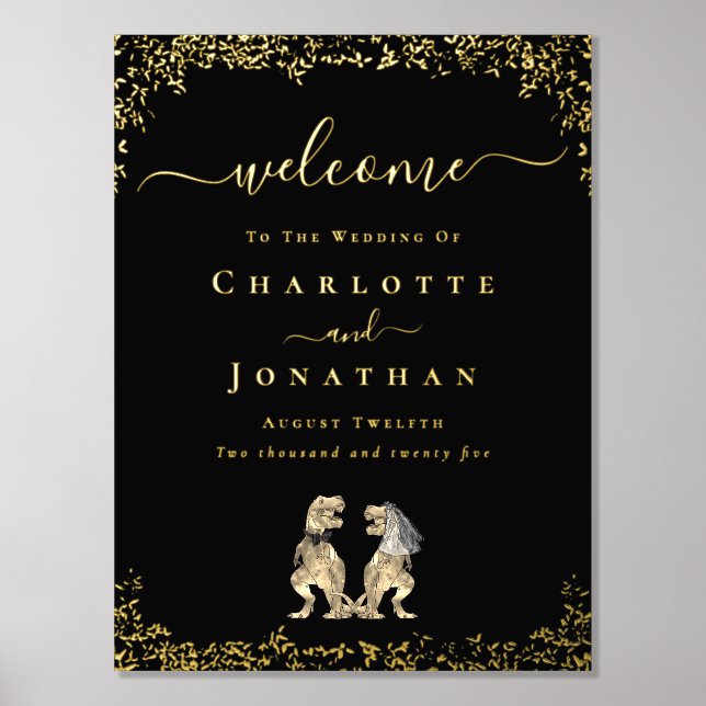 Dinosaur Wedding Welcome Black and Gold Foil Prints (Front)