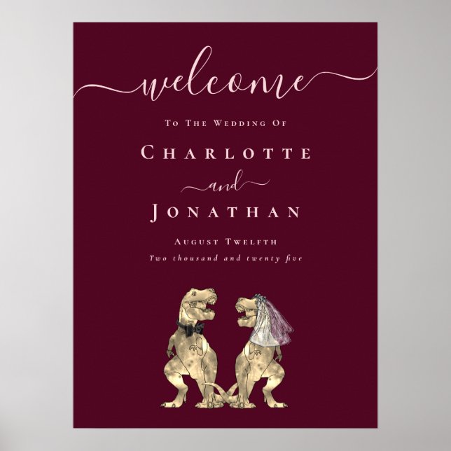 Dinosaur Wedding Welcome Burgundy Wine Blush Pink Poster (Front)