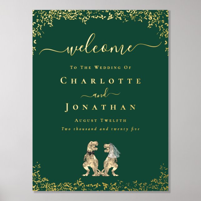 Dinosaur Wedding Welcome Green and Gold Foil Prints (Front)