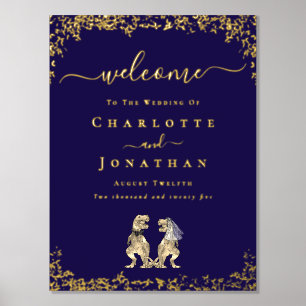 Dinosaur Wedding Welcome Navy Blue Gold Foil Prints