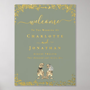 Dinosaur Wedding Welcome Sage Green Gold Foil Prints