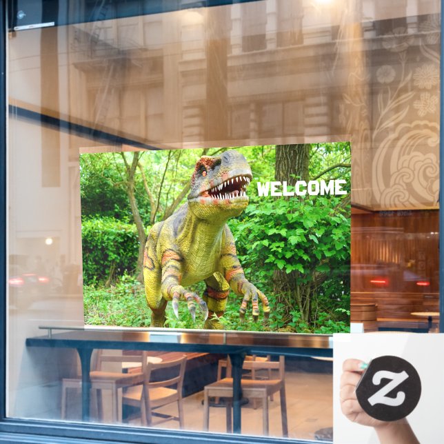 Dinosaur Welcoming Visitors Cheerful Expression (Cafe Window)