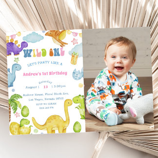 Dinosaur Wild One 1st Birthday Party Invitation