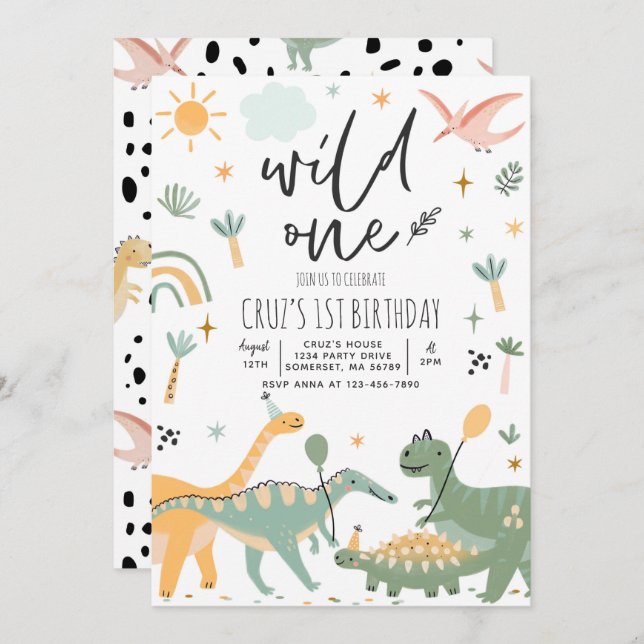 Dinosaur Wild One 1st T-Rex Birthday Party  Invitation (Front/Back)