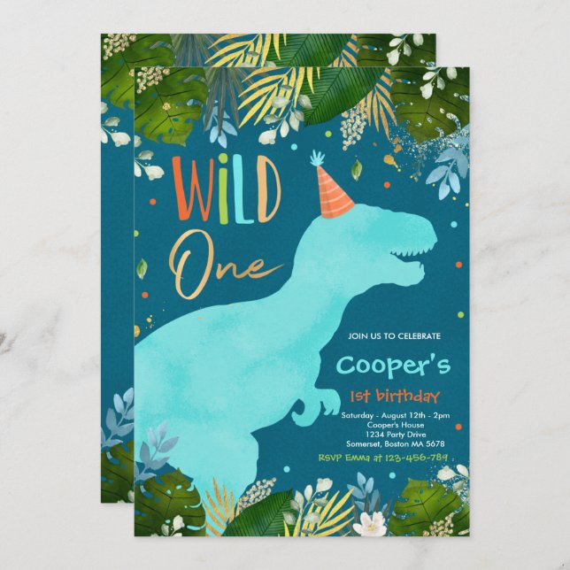 Dinosaur Wild One Birthday Boy Dinosaur Birthday Invitation (Front/Back)