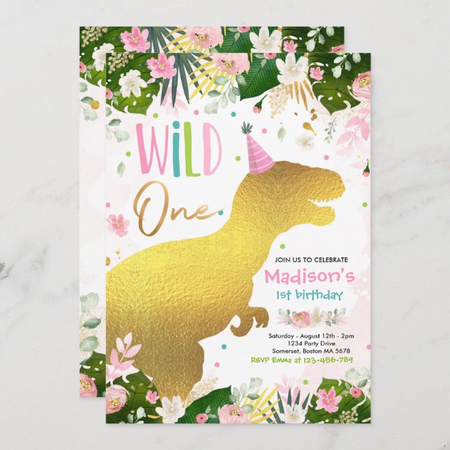 Dinosaur Wild One Birthday Pink Dinosaur Birthday Invitation (Front/Back)