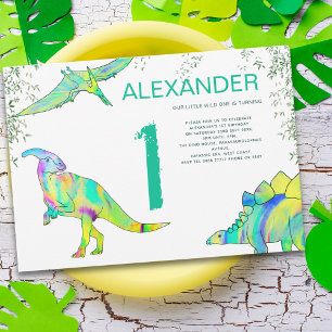 Dinosaur Wild One Watercolor 1st Birthday Party Invitation