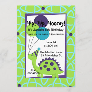 Dinosaur with Balloons and a Party Har Invitation