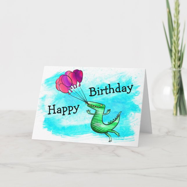 Dinosaur with balloons birthday card (Front)