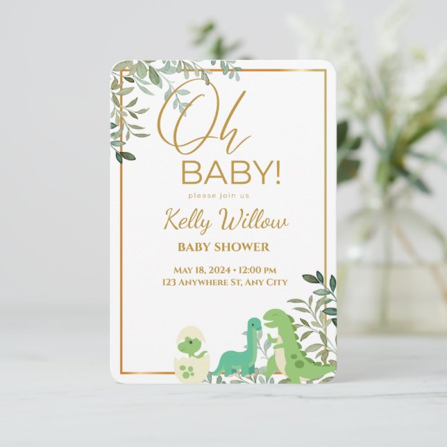 Dinosaur With Eucalyptus Leaves Oh Baby Shower Invitation (Standing Front)