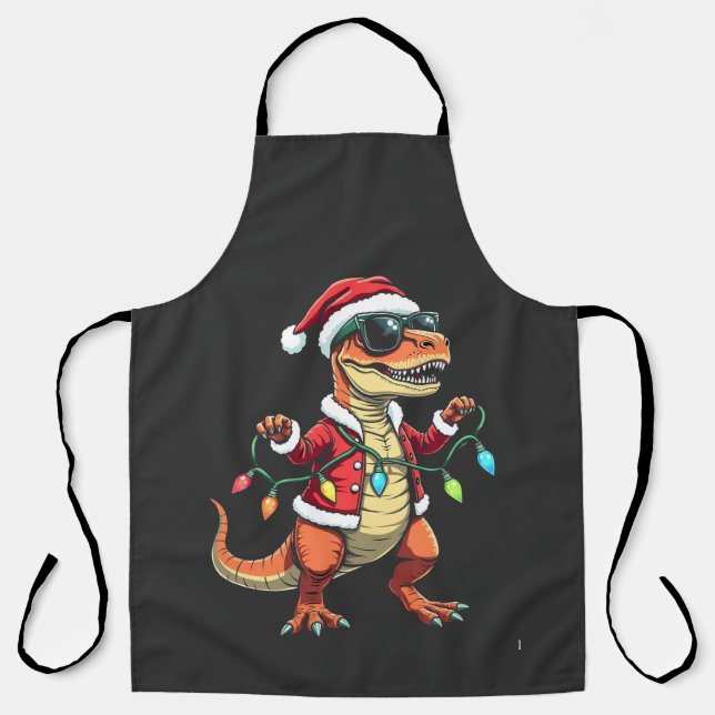 Dinosaur Wrapped with Christmas Lights Santa Hat  Apron (Front)