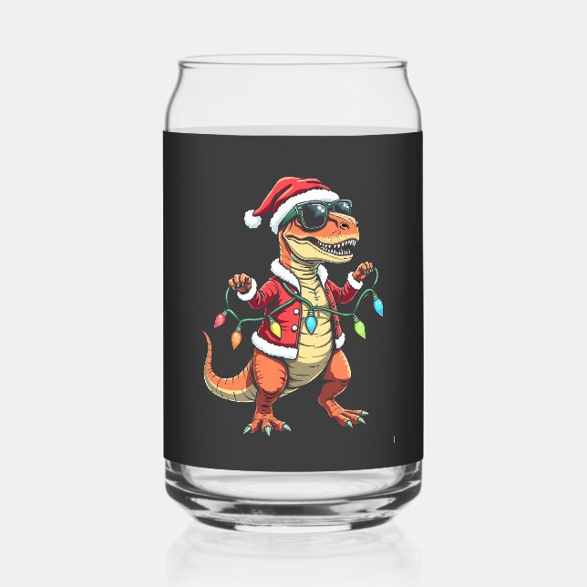Dinosaur Wrapped with Christmas Lights Santa Hat  Can Glass (Front)