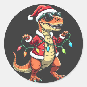 Dinosaur Wrapped with Christmas Lights Santa Hat  Classic Round Sticker