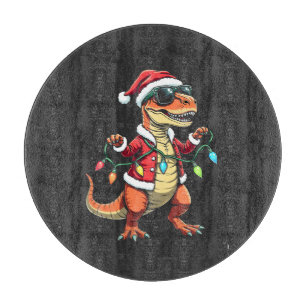 Dinosaur Wrapped with Christmas Lights Santa Hat  Cutting Board