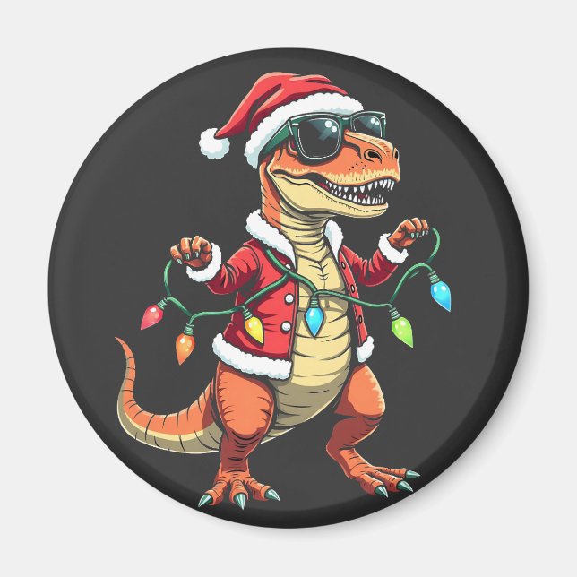 Dinosaur Wrapped with Christmas Lights Santa Hat  Magnet (Front)