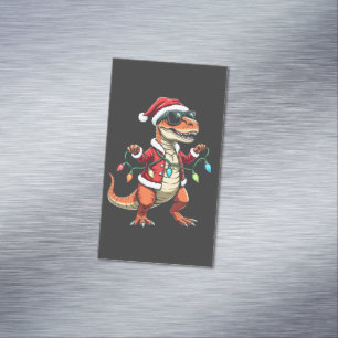 Dinosaur Wrapped with Christmas Lights Santa Hat  Magnetic Business Card