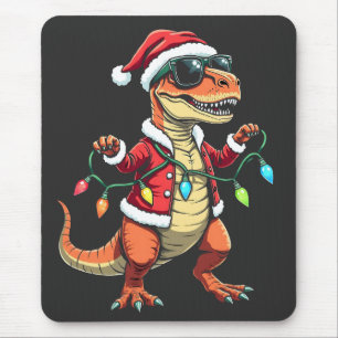 Dinosaur Wrapped with Christmas Lights Santa Hat Mouse Pad