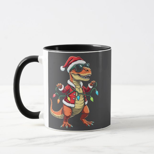 Dinosaur Wrapped with Christmas Lights Santa Hat  Mug (Left)