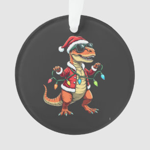 Dinosaur Wrapped with Christmas Lights Santa Hat  Ornament