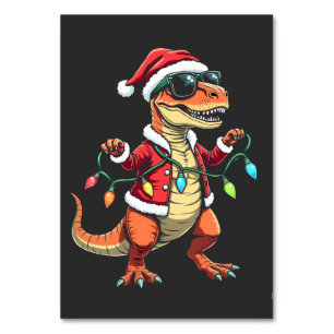 Dinosaur Wrapped with Christmas Lights Santa Hat Table Number