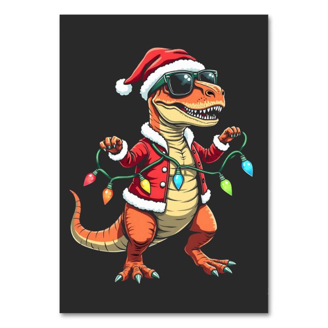 Dinosaur Wrapped with Christmas Lights Santa Hat  Table Number (Front)