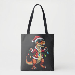 Dinosaur Wrapped with Christmas Lights Santa Hat  Tote Bag