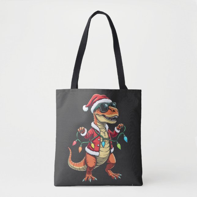 Dinosaur Wrapped with Christmas Lights Santa Hat  Tote Bag (Front)