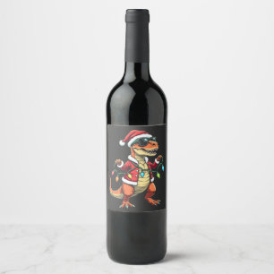 Dinosaur Wrapped with Christmas Lights Santa Hat  Wine Label