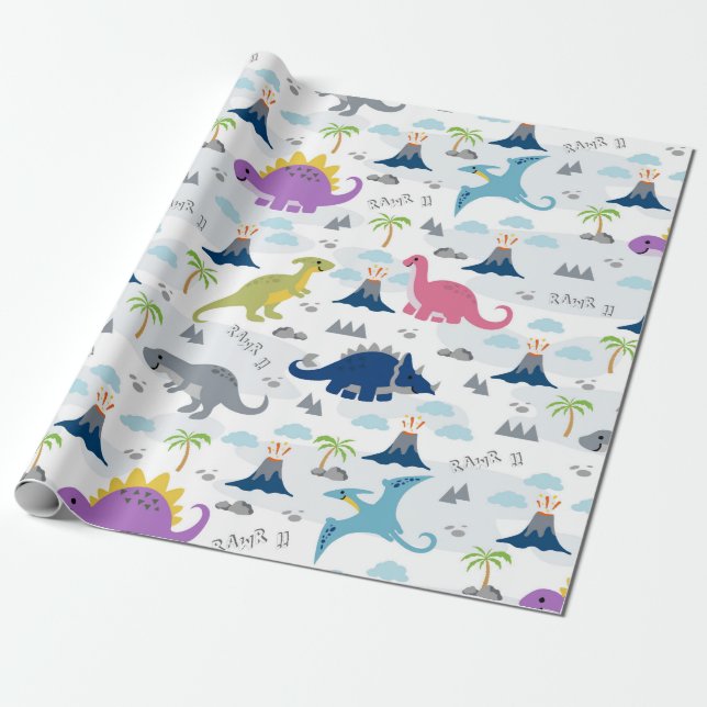 Dinosaur Wrapping Paper - Colourful Dinosaurs and  (Unrolled)