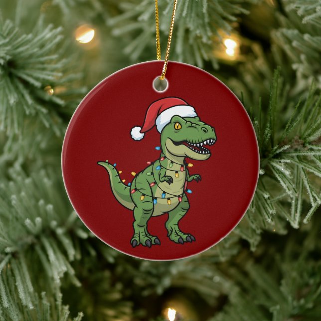Dinosaur Xmas Lights Holiday Spirit Festive Dino Ceramic Ornament (Tree)