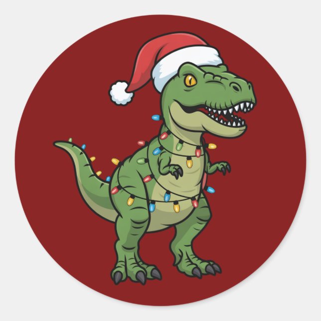 Dinosaur Xmas Lights Holiday Spirit Festive Dino Classic Round Sticker (Front)
