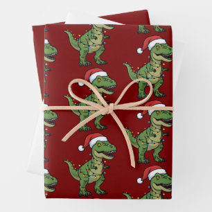 Dinosaur Xmas Lights Holiday Spirit Festive Dino Wrapping Paper Sheet