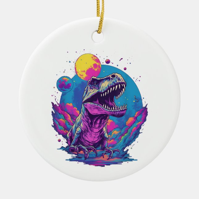 Dinosaur Xmas Tree Buffalo Plaid Trex Dinosaur Chr Ceramic Ornament (Front)